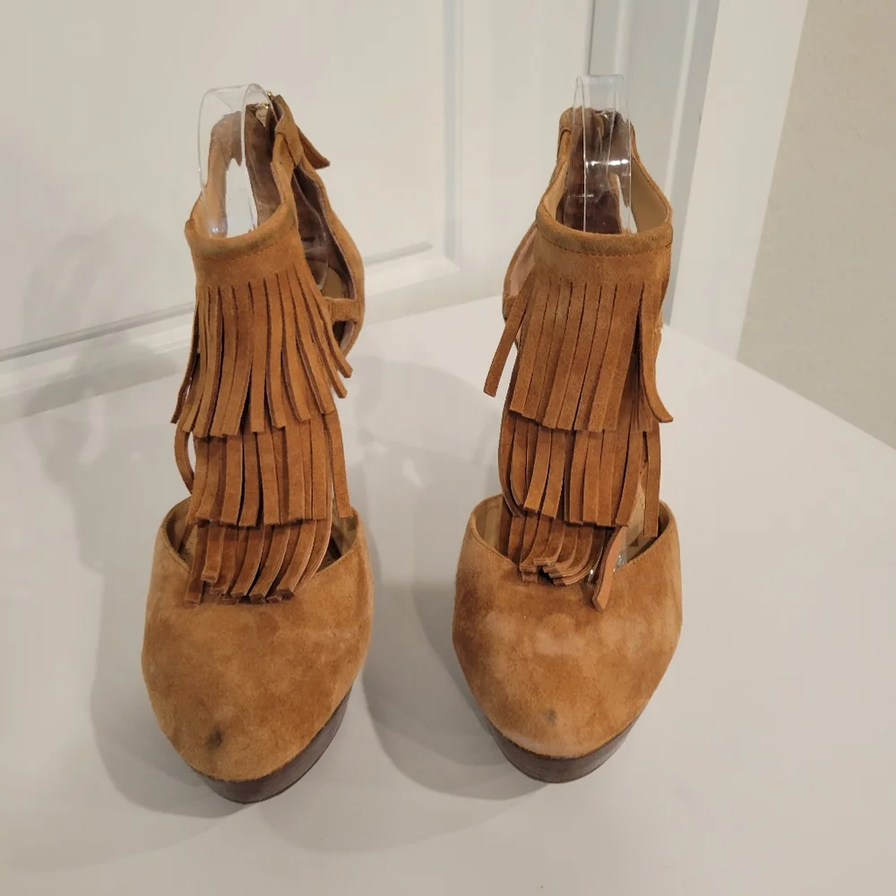 ELAINE TURNER TAN FRINGE SUEDE ZIPPER BACK WEDGES SIZE 9.5